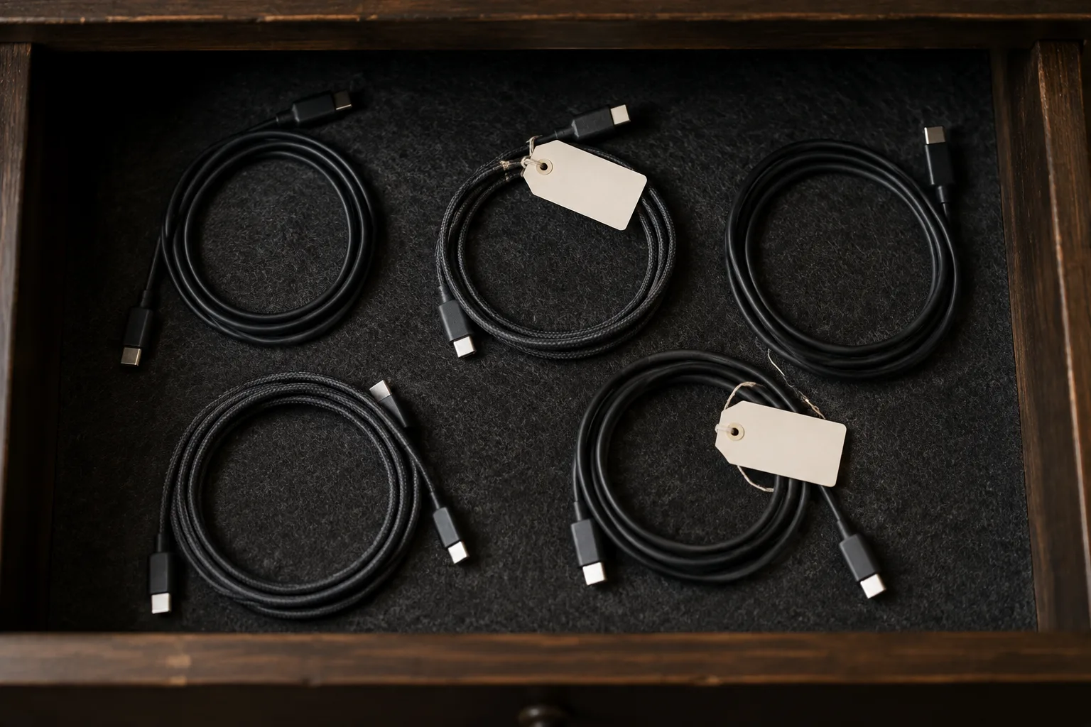 Five similar black USB-C cables coiled in a drawer, two with blank paper tags