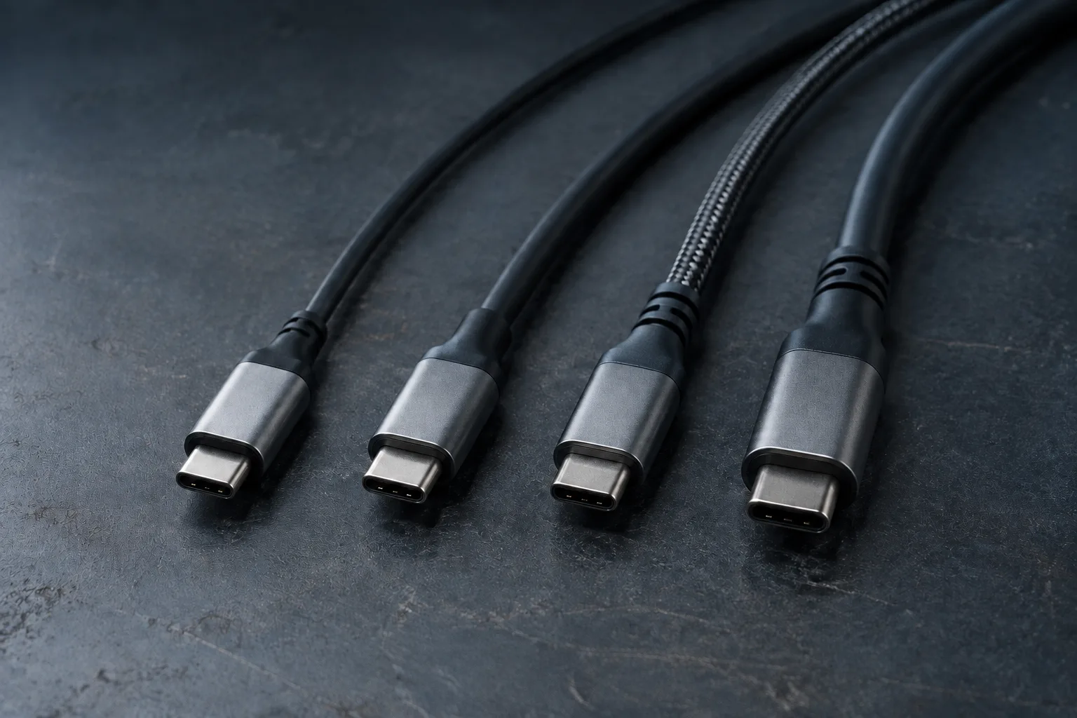 Four USB-C cables with identical plugs but different thicknesses and outer materials